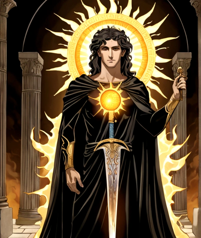 Timothy chalemet as greek god  of the sun and darkness (posing holding a sword covered in an aura of darkness and the sun 