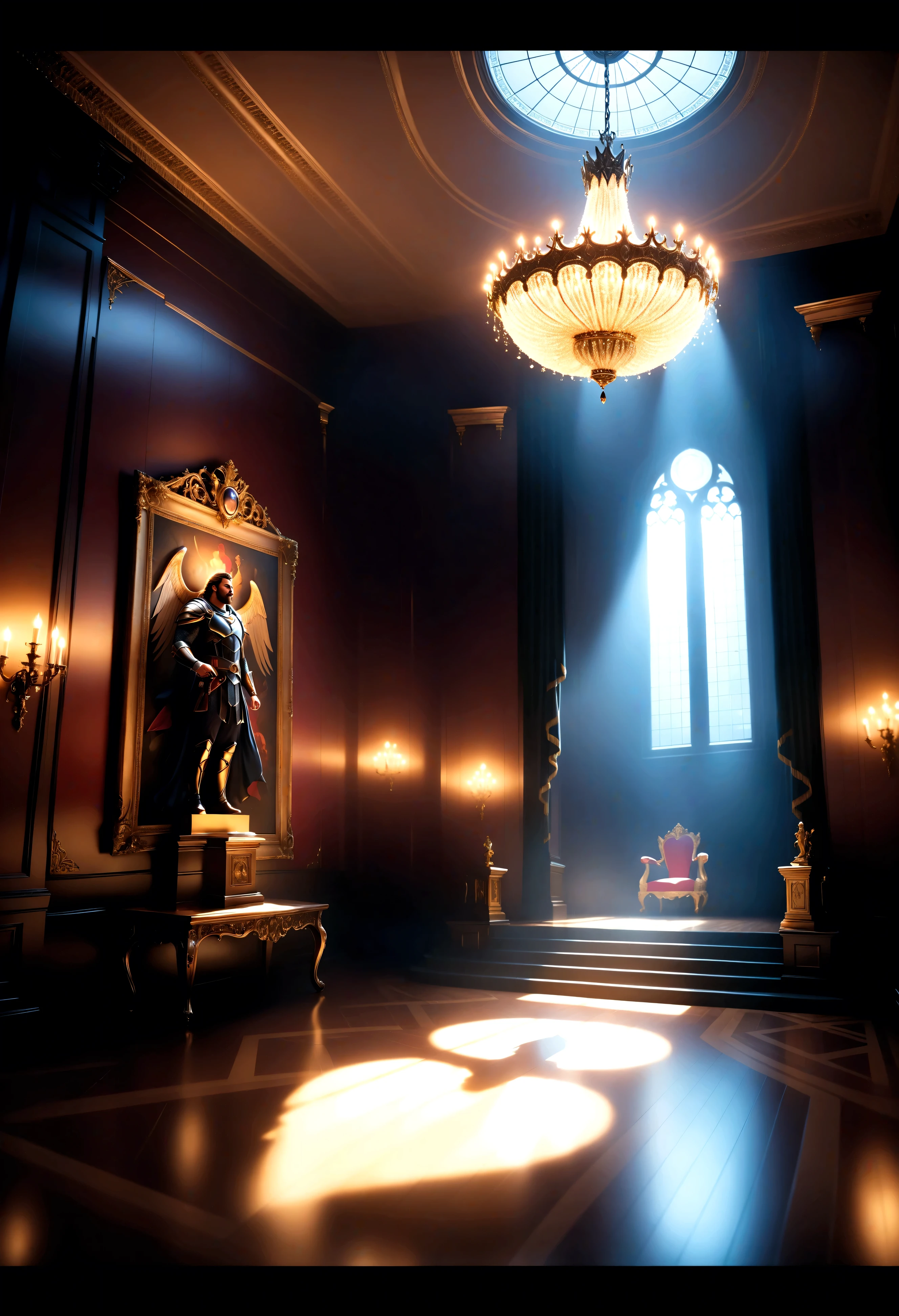 ((Masterpiece in maximum 16K resolution):1.6),((soft_color_photograpy:)1.5), ((Ultra-Detailed):1.4),((Movie-like still images and dynamic angles):1.3), ((Ultra wide angle):1.5),((fisheye lens photo):1.3). | (Cinematic photo of A Majestic Throne in massive Hall), (Illuminating objects surrounding the throne), (magical aesthetics), ((tyndall effect):1.1), ((Massive hall):1.2), ((sense of majesty):1.1), (shimmer), (visual experience), (Realism), (Realistic), award-winning graphics, dark shot, film grain, extremely detailed, Digital Art, rtx, Unreal Engine, scene concept anti glare effect, All captured with sharp focus. Rendered in ultra-high definition with UHD and retina quality, this masterpiece ensures super detail. With a focus on high quality and accuracy, this award-winning portrayal captures every nuance in stunning 16k resolution, immersing viewers in its lifelike depiction. ((perfect_composition, perfect_design, perfect_layout, perfect_detail, ultra_detailed)), ((enhance_all, fix_everything)), More Detail, Enhance.