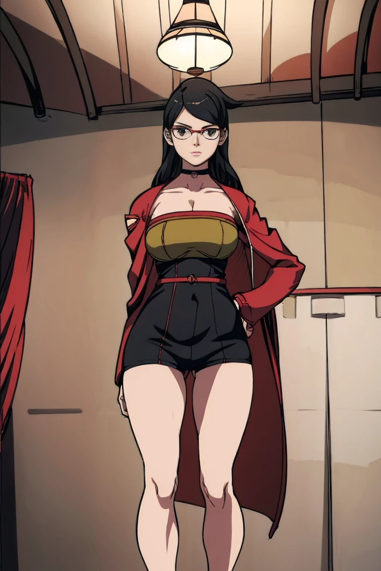 anime girl in a short dress and glasses with a red cape,| artgerm, female protagonist 👀 :8, realistic anime 3 d style, anime styled 3d, realistic anime artstyle((naked long belly)) background forest(((height 192 cm tall body long waist)))