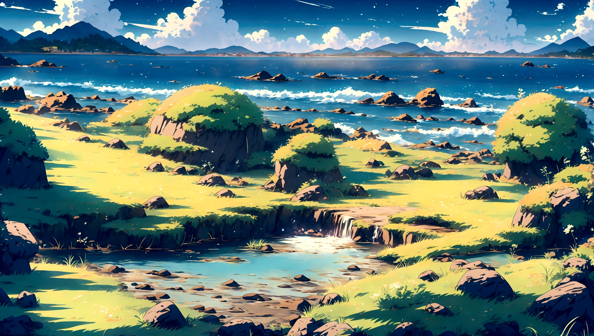 anime - style painting of a grassy field with rocks, anime countryside landscape, anime landscape, anime landscape wallpaper, anime background art, beautiful anime scenery, anime background, anime beautiful peace scene, anime scenery, anime movie background, anime nature, anime scenery concept art, colorful anime movie background, beautiful anime scene, anime scene, beautiful landscape background