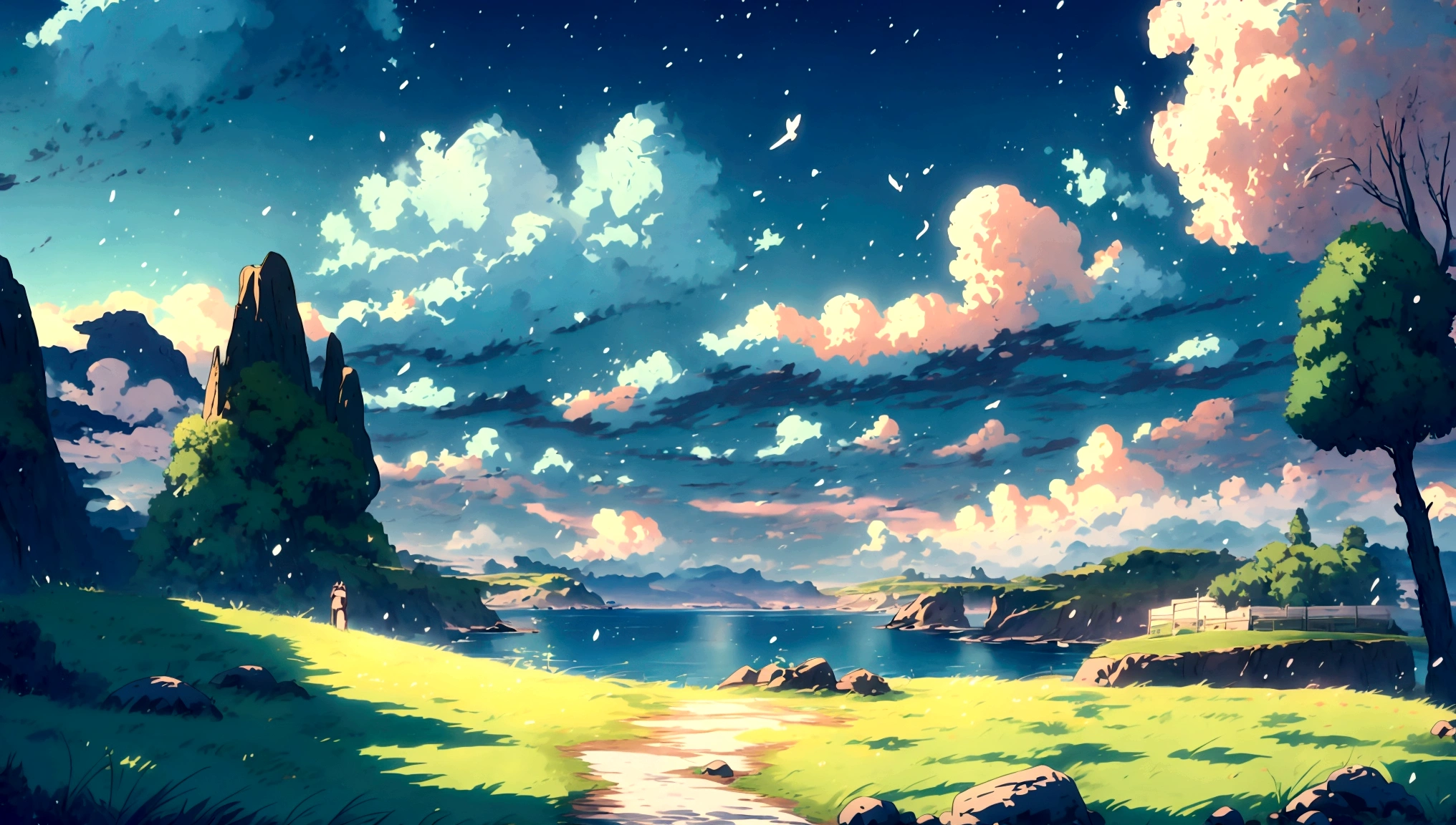 
anime - style painting of a grassy field with rocks, anime countryside landscape, anime landscape, anime landscape wallpaper, anime background art, beautiful anime scenery, anime background, anime beautiful peace scene, anime scenery, anime movie background, anime nature, anime scenery concept art, colorful anime movie background, beautiful anime scene, anime scene, beautiful landscape background