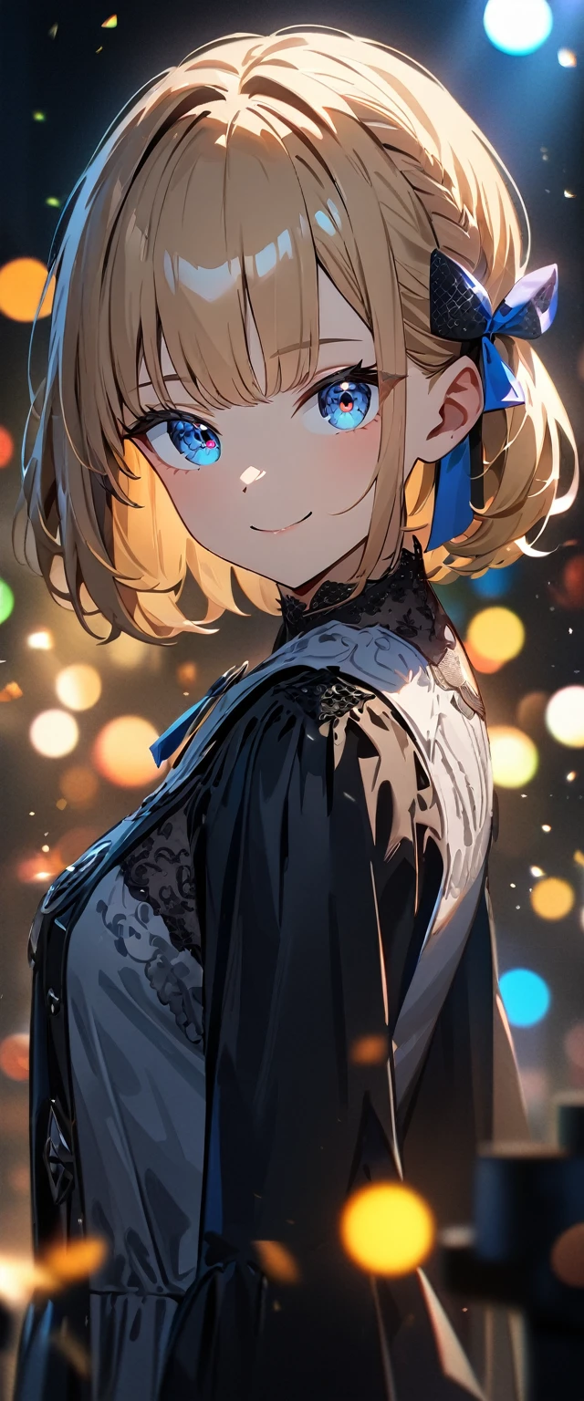 (((One girl))), Shibuya, blond hair, bob cut, (looking at viewer), breasts, teenager, head tilt:1.3, (((blue eye))), constricted pupils, (from side:1.3), ((happy smile)), gothic lolita:1.3, hair ornament, hair ribbon, anime style, (best quality, 4k, 8k, highres, masterpiece:1.2, ultra-detailed, ultra-detailed eyes, HDR, UHD, studio lighting, ultra-fine painting, sharp focus, physically-based rendering, extreme detail description, professional, vivid colors, bokeh)