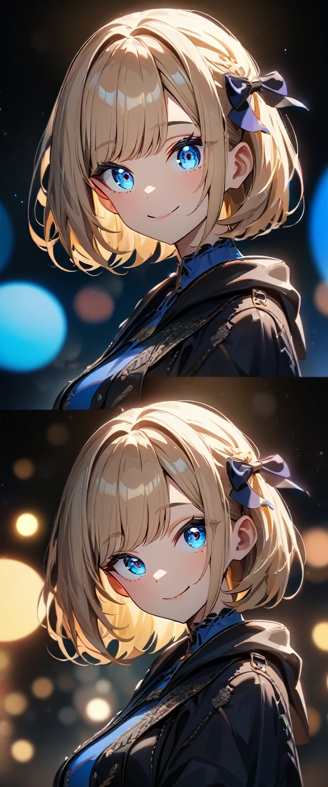(((One girl))), Shibuya, blond hair, bob cut, (looking at viewer), breasts, teenager, head tilt:1.3, (((blue eye))), constricted pupils, (from side:1.3), ((happy smile)), gothic lolita:1.3, hair ornament, hair ribbon, anime style, (best quality, 4k, 8k, highres, masterpiece:1.2, ultra-detailed, ultra-detailed eyes, HDR, UHD, studio lighting, ultra-fine painting, sharp focus, physically-based rendering, extreme detail description, professional, vivid colors, bokeh)