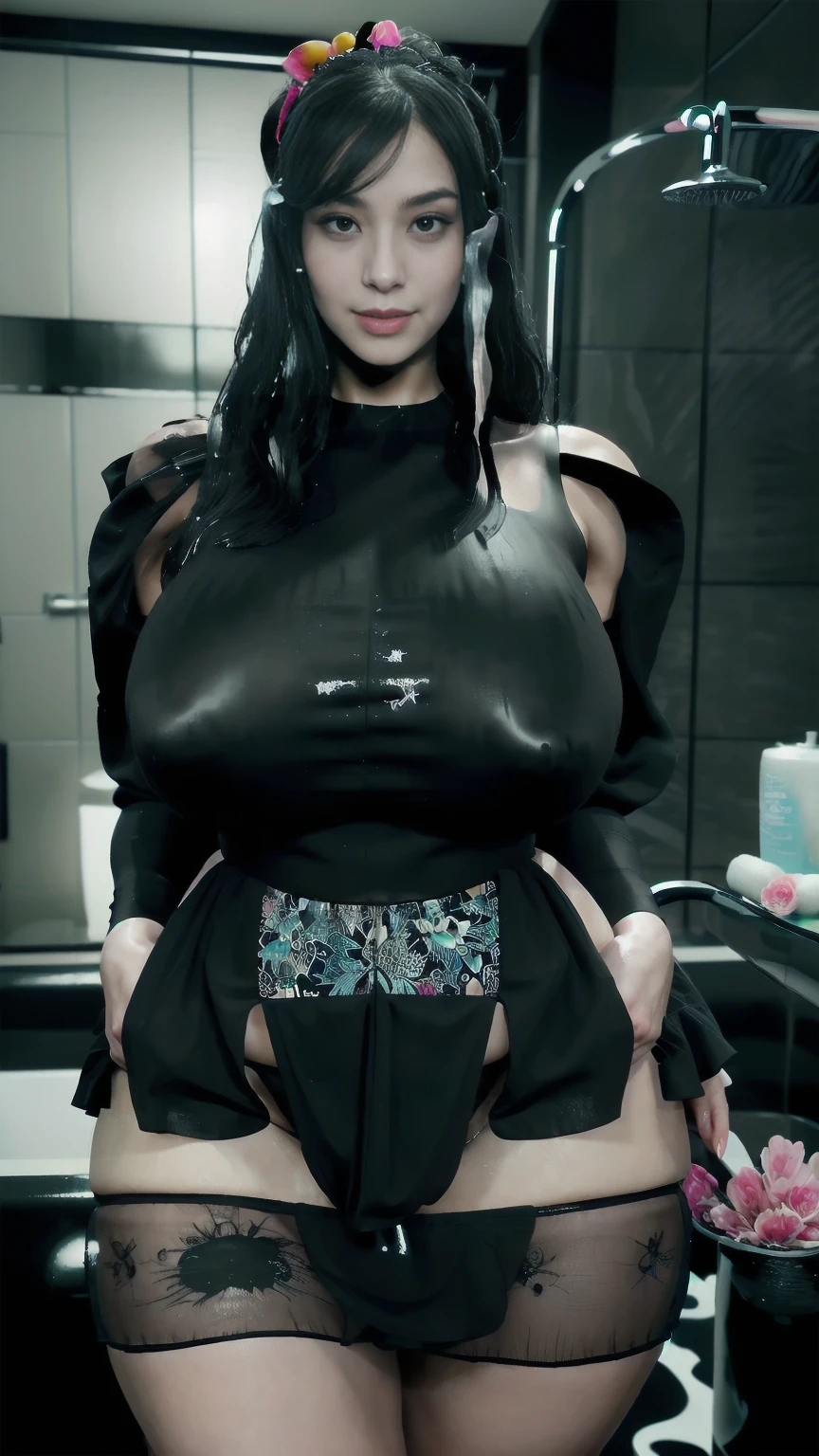Close-up photo in perfect fitting black frock frock, flowen frock big woman, gorgeous,thin waist,beautiful long black hair,smiling shy face,pinky chick's, beautiful fingers(decorated bathroom tub or shower scenary) colorful