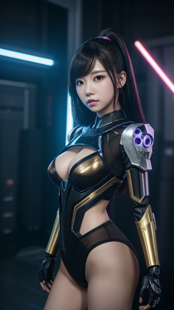 asian woman, standing, stop FRONT VIEW, tez blanca, korean, tits, futuristic clothing, modern outfit provided, NO DEFORMATIONS, beautiful, robot, cyborg, android, light, laser, League of Legends, splah art, sexy, the payment, chrome, Metal, FNAF, Animatronic, shadows, contrast, linda, beauty, goddess, kpop, Twice, Blackpink, warframe, robots, EVERGLOW, Aespa, idol, star wars, steel, iron, Metal, the payment, Dark, lingerie, Dorado, gold, lights, trails, cables, wires, doll, doll, doll, haydee. neutral background
