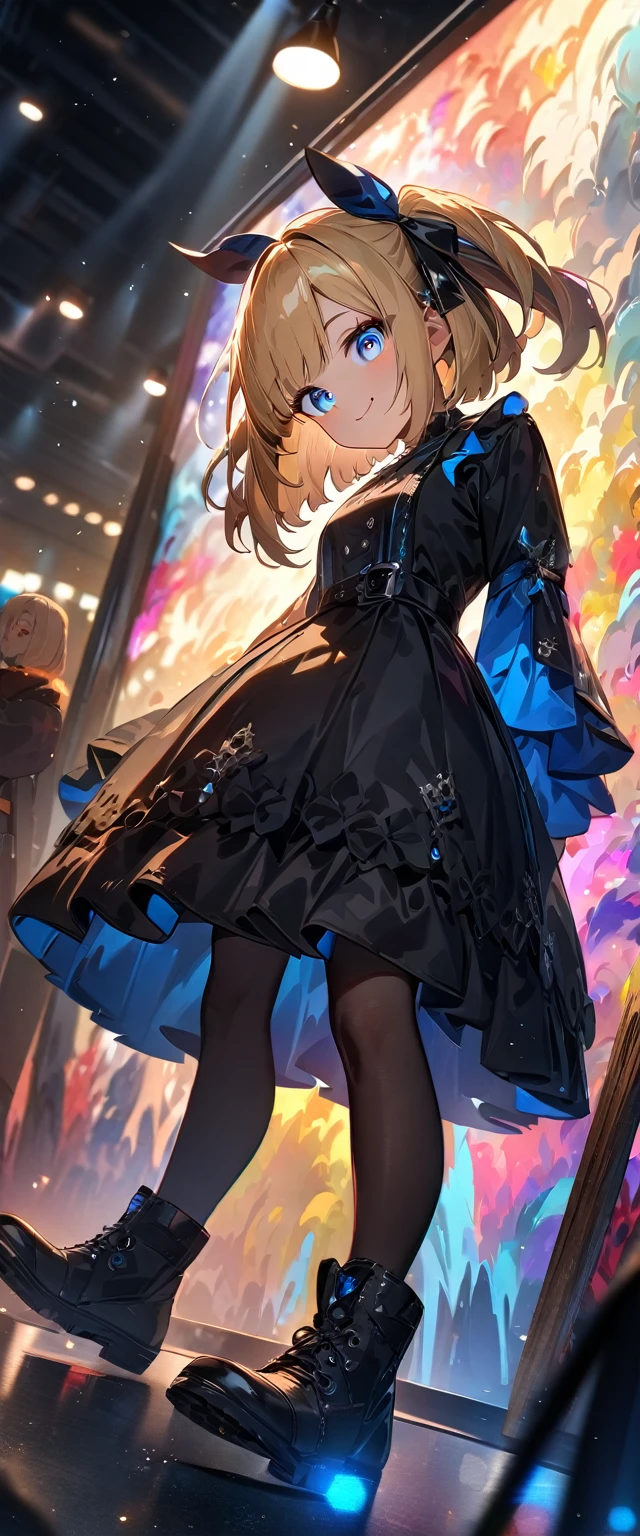 (((One girl))), Shibuya, blond hair, bob cut, (looking at viewer), full body, breasts, teenager, head tilt:1.3, (((blue eye))), constricted pupils, (from side:1.3), ((happy smile)), gothic lolita:1.3, hair ornament, hair ribbon, anime style, (best quality, 4k, 8k, highres, masterpiece:1.2, ultra-detailed, ultra-detailed eyes, HDR, UHD, studio lighting, ultra-fine painting, sharp focus, physically-based rendering, extreme detail description, professional, vivid colors, bokeh)