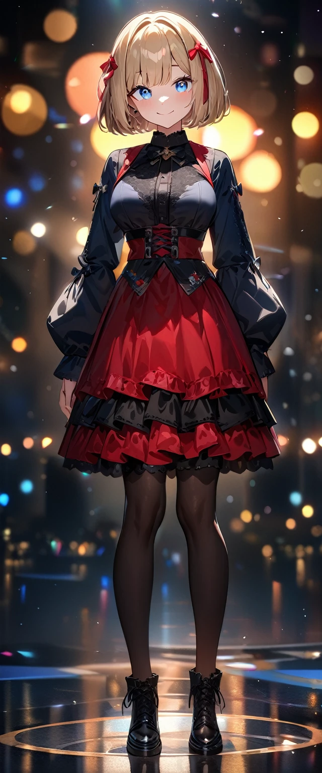 (((One girl))), Shibuya, blond hair, bob cut, (looking at viewer), full body, breasts, teenager, head tilt:1.3, (((blue eye))), constricted pupils, (from side:1.3), ((happy smile)), gothic lolita:1.3, hair ornament, hair ribbon, anime style, (best quality, 4k, 8k, highres, masterpiece:1.2, ultra-detailed, ultra-detailed eyes, HDR, UHD, studio lighting, ultra-fine painting, sharp focus, physically-based rendering, extreme detail description, professional, vivid colors, bokeh)