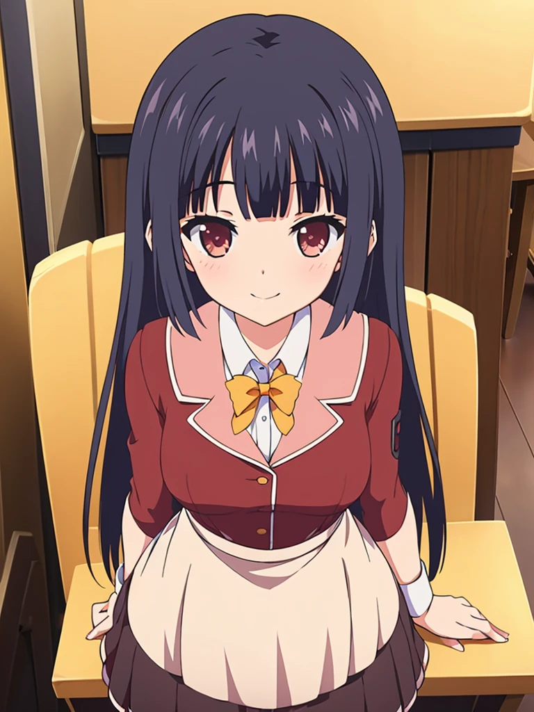 Masterpiece,Best Quality,ultra detail,1 girl,, wood table,Café,bright Eyes,waitress uniform,wide,small breasts,SMILE