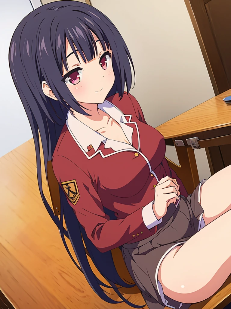Masterpiece,Best Quality,ultra detail,1 girl,, wood table,Café,bright Eyes,waitress uniform,wide,small breasts,SMILE