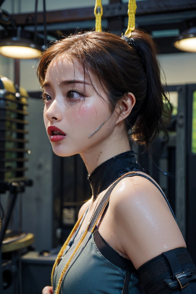 ((Highest quality)), ((masterpiece)), (detailed), I,Asian Sexy, (bondage:1.4), Glamour, (Sweating profusely throughout the body:1.3), ponytail ,(torture chamber:1.6),(String:1.5)