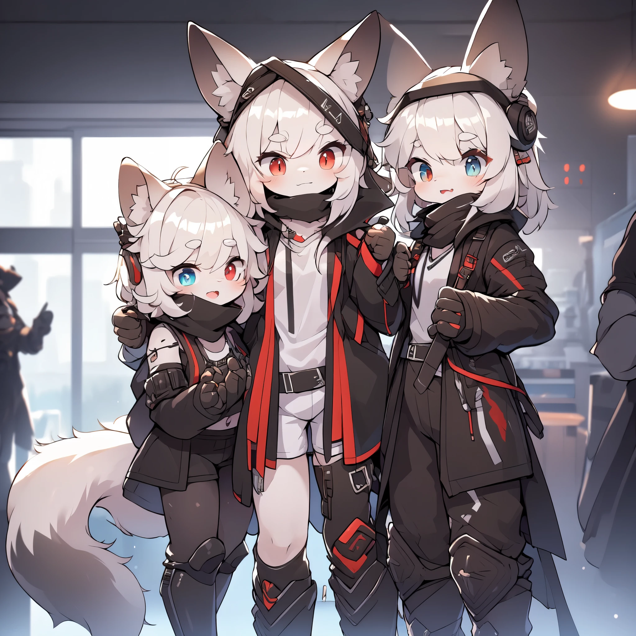 Kawaii, Striped Fluffy Fox, emaciated, long hair, 3girls, artificial synthetic skin, life support prosthetics, digital headphones, black tight latex bodysuit, white long dress, thigh-high-socks, shorts, loose off-the-shoulder hood open jacket, holsters in thigh, Mechanical boots, tactical knee pads, tactical belted loose Arm Sleeves, cybernetic Display gloves, chest rigs, tactical belts, blue archive halo, bulletproof goggles on forehead, from Ark nights, ray tracing, depth of field, bloom, masterpiece, ccurate, high details, highres