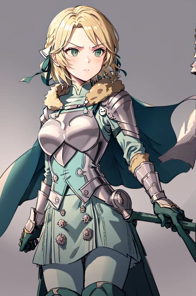 masterpiece, best quality,  waringrid, short hair, hair ribbons, shoulder armor, armor, breastplate, underbust, green coat, fur trim, vambraces, blue gloves, green skirt, white pants, green cape, standing, furrowed brow, serious, holding a spear with both hands, long spear, holding a lance with both hands, combat pose, ready for combat