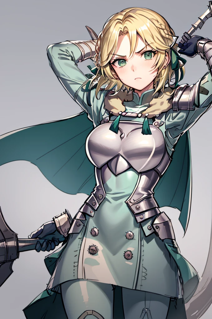 masterpiece, best quality,  waringrid, short hair, hair ribbons, shoulder armor, armor, breastplate, underbust, green coat, fur trim, vambraces, blue gloves, green skirt, white pants, green cape, standing, furrowed brow, serious, holding a spear with both hands, long spear, holding a lance with both hands, combat pose, ready for combat