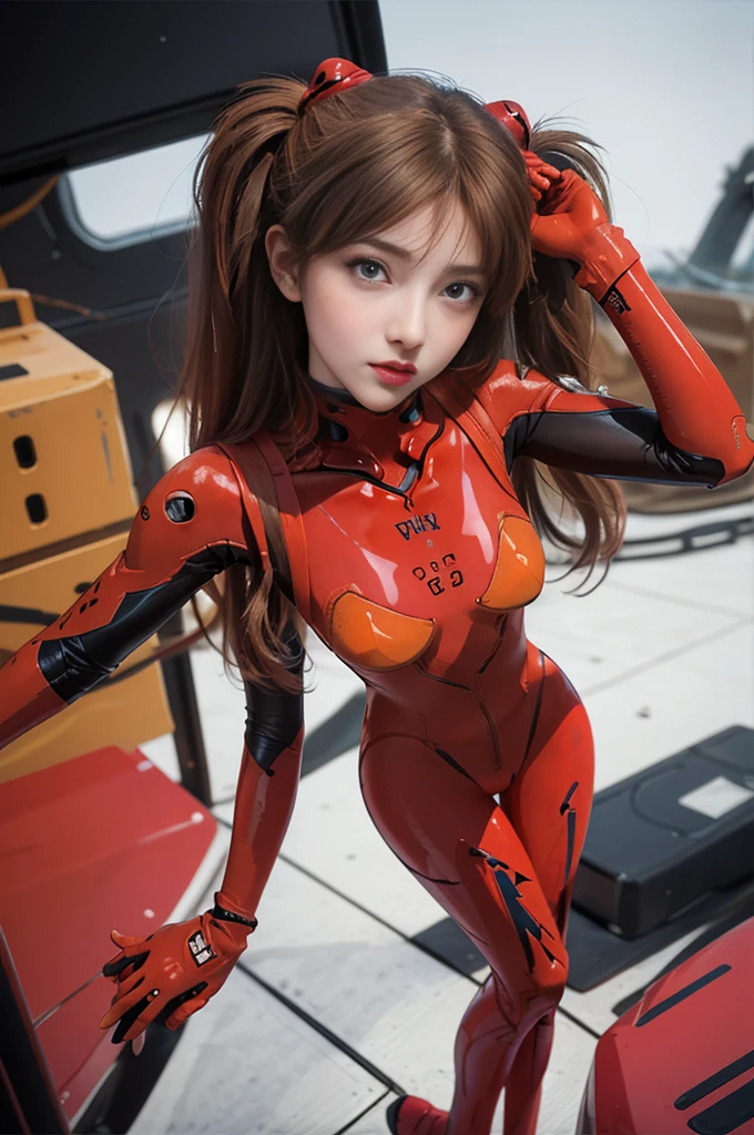 Asuka in Victory Pose on a warship (real)))) Photos, ((Full body:1.3)), Best quality, 1 woman, Long legs, ultra detailed face, Detailed lips, Detailed eyes, Double eyelids, Beautiful face, Beautiful eyes, Blue eyes, (red bodysuit, red latex), (glossy), Delicate clothing wrinkles, (((cameltoe))), (erect, Twin tails, Thin waist, Best quality, pale skin, Su-Liu Aska Langle, Plug suit 02, see through, (face and eye details:1.1), self-righteous, blush, ((shy)), very delicate and beautiful girl, dynamic perfect anatomy ,pose, (to8 contrast style, Low Angle, Wide Angle