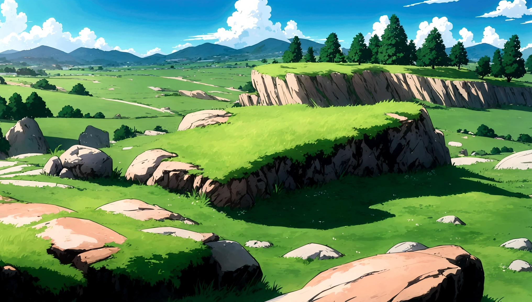 
anime - style painting of a grassy field with rocks, anime countryside landscape, anime landscape, anime landscape wallpaper, anime background art, beautiful anime scenery, anime background, anime beautiful peace scene, anime scenery, anime movie background, anime nature, anime scenery concept art, colorful anime movie background, beautiful anime scene, anime scene, beautiful landscape background