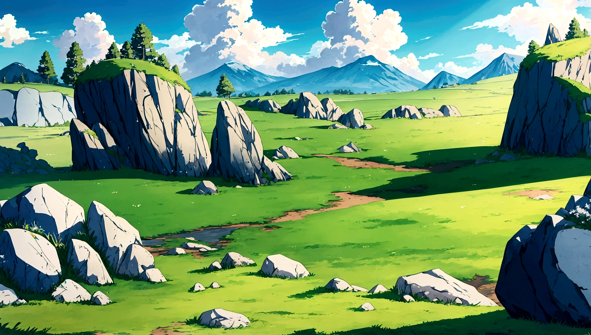 anime - style painting of a grassy field with rocks, anime countryside landscape, anime landscape, anime landscape wallpaper, anime background art, beautiful anime scenery, anime background, anime beautiful peace scene, anime scenery, anime movie background, anime nature, anime scenery concept art, colorful anime movie background, beautiful anime scene, anime scene, beautiful landscape background