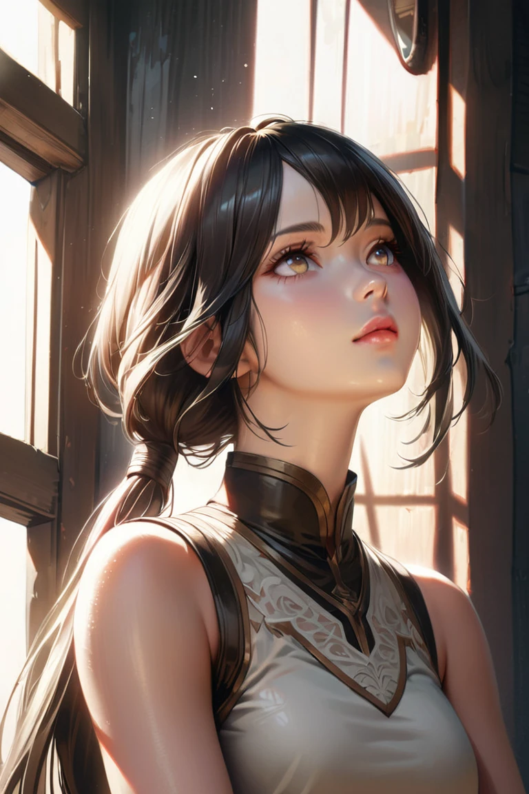 1girl, detailed face, beautiful detailed eyes, beautiful detailed lips, extremely detailed skin, long hair in low ponytail, sleeveless top, upper body portrait, looking up towards the sky, sunlight, natural lighting, outdoors, peaceful expression, serene, calm, photorealistic, 8k, best quality, detailed description, highly detailed, realistic, studio lighting, professional artworks