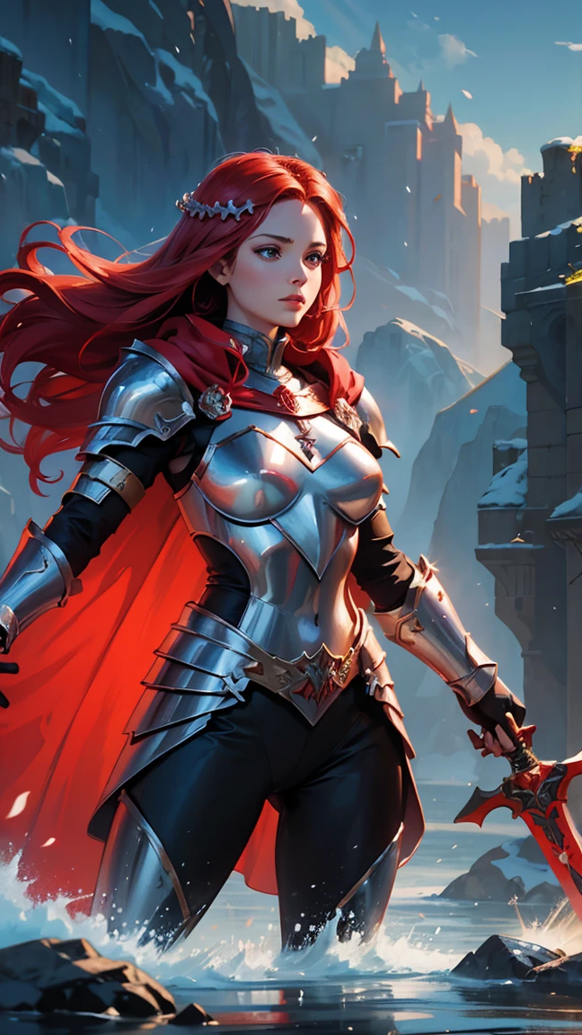 arafed woman in armor with a sword and a red cape, graphic artist magali villeneuve, goddess of war, inspired by Magali Villeneuve, magali villeneuve', fantasy art behance, of a beautiful female knight, epic fantasy digital art style, detailed fantasy digital art, epic fantasy art style hd, redhead queen in heavy red armor