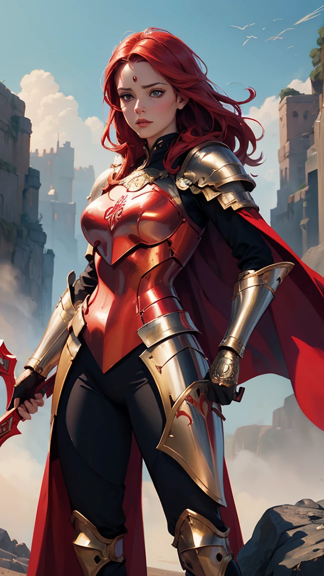 arafed woman in armor with a sword and a red cape, graphic artist magali villeneuve, goddess of war, inspired by Magali Villeneuve, magali villeneuve', fantasy art behance, of a beautiful female knight, epic fantasy digital art style, detailed fantasy digital art, epic fantasy art style hd, redhead queen in heavy red armor