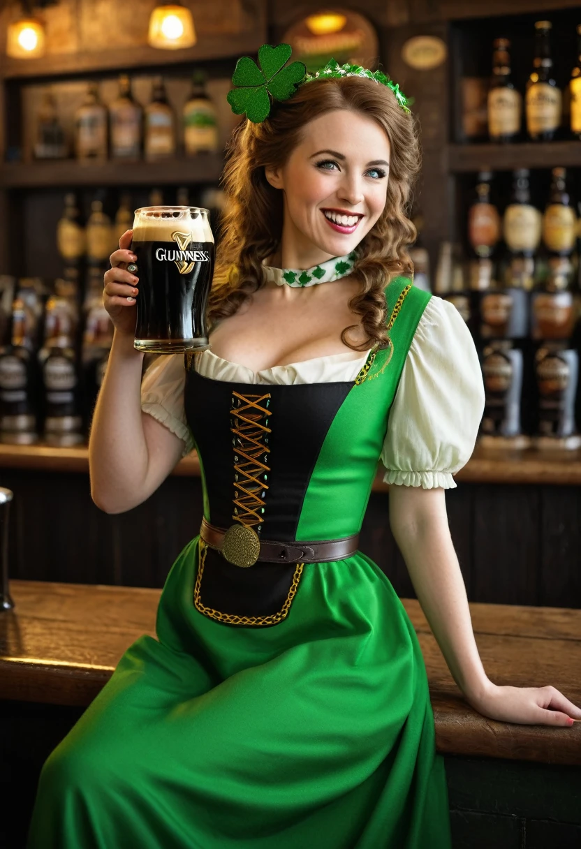 (masterpiece, best quality,high detailed),a sexy irish lady drinking a Pint of Guinness (/ˈɡɪnəs/), an Irish dry stout, she is wearing a green irish folk dress, its st patricks day!