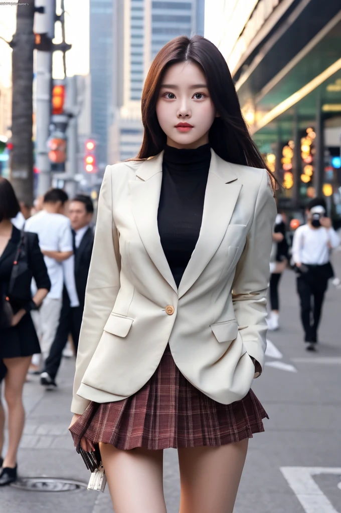 a 18 year old face of the most beautiful actress in the world, the perfect body proportions of a female, blazer is covering shirt of upper body, panties between bare legs are seen just a little thanks to skirt is too short, bare thighs, at the city street, standing, nsfw, best quality, highly detailed, masterpiece, ultra high res, photo realistic, 8k