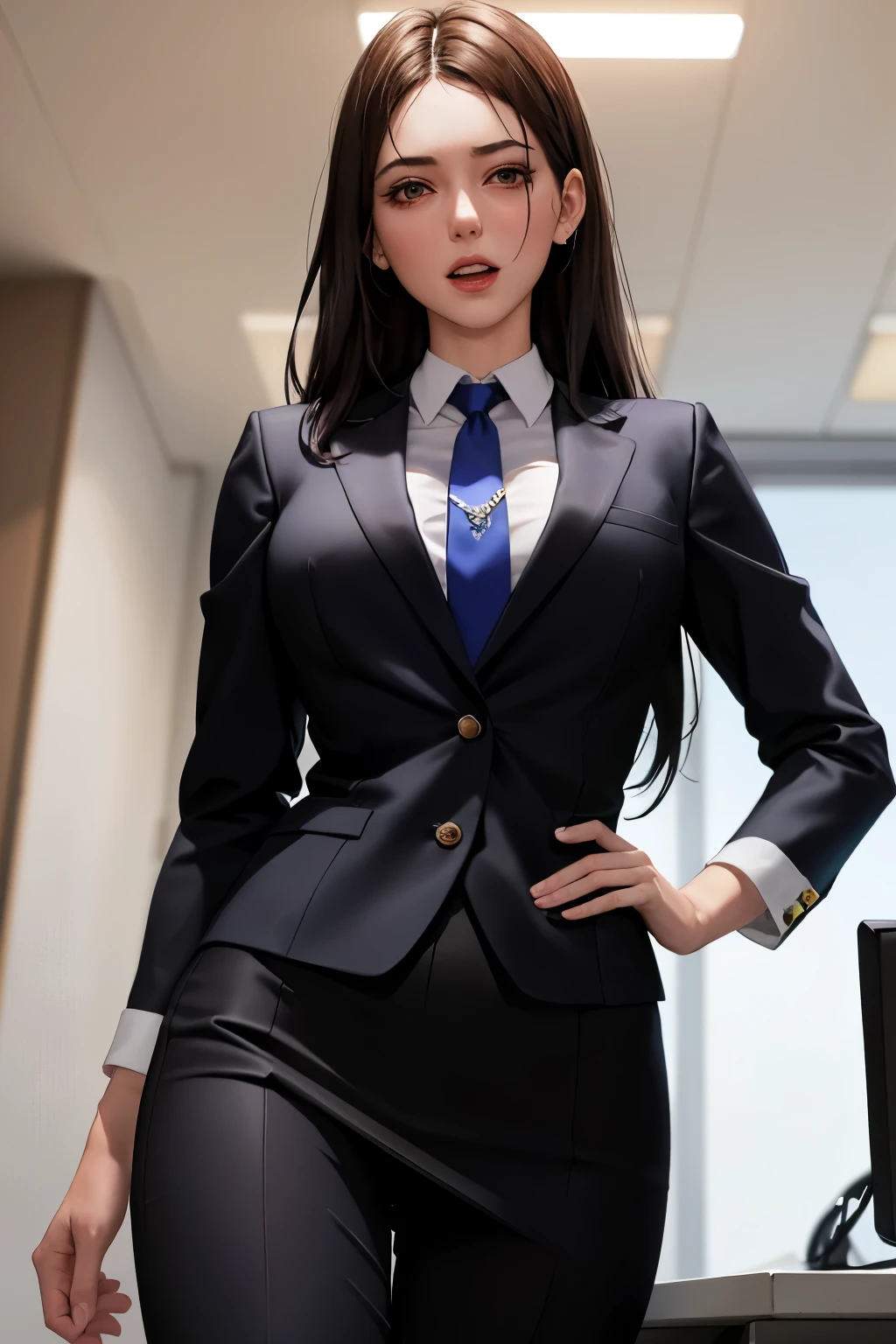 Australian gangster girl, (28 years old), in the office, slender, necktie, excited expression, (from below view), (face and skin details), (masterpiece, best quality, highly detailed, hyper realistic) 