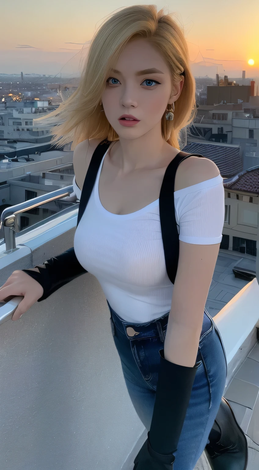 ((Midnight, Best quality, 8k, Masterpiece :1.3)), Whole body, Long legs, Sharp focus :1.2, A pretty woman with perfect figure :1.4, Slender abs :1.1, ((Blonde hair, Big breasts :1.2)), (White tight tshirt, Jean bib, Standing:1.2), ((Night city view, Rooftop:1.3)), Highly detailed face and skin texture, Detailed eyes, Double eyelid, sunset, darken, backlit, off shoulder, ((Android 18 from Dragon Ball Z, Blue eyes, Cold expression, Black boots, Black wristbands))
