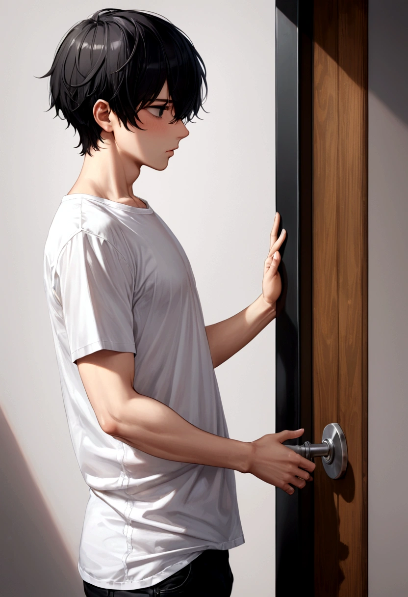 Cool guy、White shirt、Black Hair、Dark Eyes、nsfw、masturbation、Are standing、blush