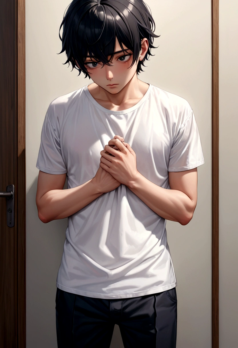 Cool guy、White shirt、Black Hair、Dark Eyes、nsfw、masturbation、Are standing、blush