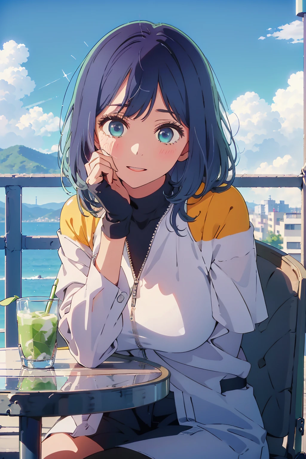 (Highest quality:1.4、8K:1.4、detailed)、F cup bust、Big Breasts、Slim body、Very white beautiful skin、((((1 person、Surprised expression、sit、Chair、In the background are the urban buildings of Tokyo、looking at the camera、Outdoor café terrace、Navy hair color、juice、table、Very cute face))))、((((nude、Areola))))、(Hand touching cheek pose:1.4、Cheek resting on hand:1.4)、(Off-the-shoulder blouson、Black blouson with zipper)、Very blue sky、A completely cloudless sky