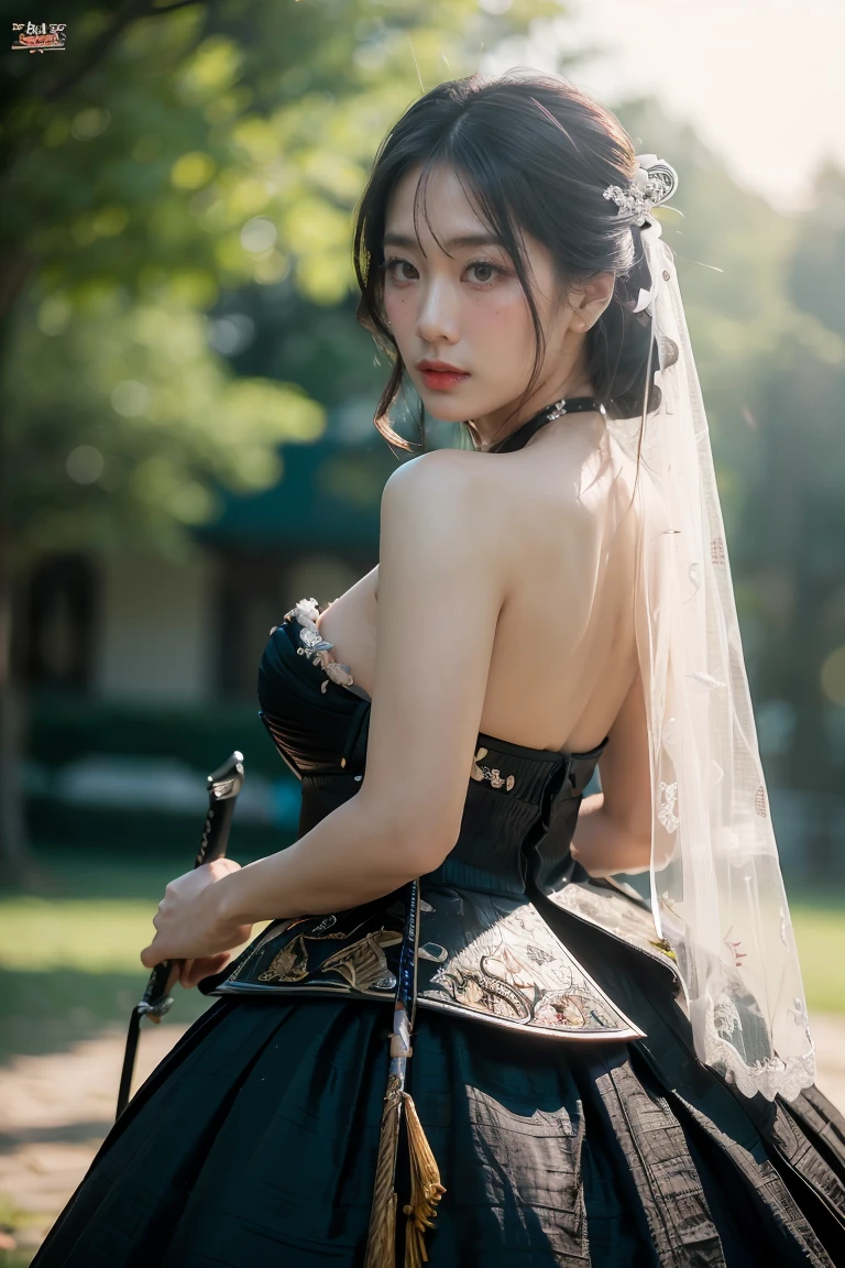 (highest image quality), (masterpiece), (vibrant, photography realistic, Realistic, Dramatic, Dark, Sharp focus, 8K), beautiful, Highly detailed face and skin texture, sexy wedding dress, ethereal beauty, mature asian woman,black long hair, make up, nsfw ,Close up shot, ((backlight)), holding sword, samurai wedding