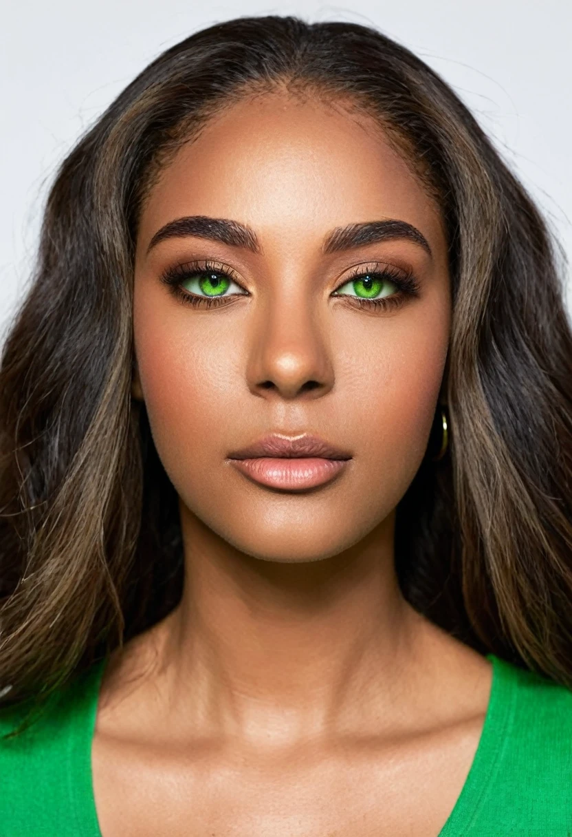 A beautiful woman, beautiful Latin face, young Brazilian Nyvi Estephan, Brazilian supermodel, serene and elegant beauty, Angolan descent, young adult 30 years old, nerdy woman, tall woman, a stunning black woman, with indigenous features, beautiful indigenous girl, native Brazilian, ((An indigenous African girl with European ebony)), ((her beauty is undeniable)), beautiful young ebony girl with dark skin, tanned Mexican, long black hair with brown highlights, black curly hair with brown highlights, black voluminous hair With brown highlights, a vibrant and dynamic cut with soft waves can add a modern and stylish touch. has an exotic beauty with beautiful green eyes, green realistic eyes, bright green eyes, ultra detailed green eyes, ultra realistic green eyes, natural green eyes, ultra detailed iris, perfect eyes, perfect iris, hyper realistic eyes, eyeliner, long eyelashes and defined, penetrating gaze that conveys confidence, striking, powerful expression, strong presence, striking makeup, full, voluminous lips, seductive lips, captivating, striking, unforgettable, dazzling, mischievous smile, wide smile, your features are captivating, subtle smile on your lips , beautiful and detailed face, detailed skin texture, Notice her perfectly shaped eyebrows, which arch gracefully above her eyes, small nose that is proportionate to her face, and soft contour of her face that accentuates her high cheekbones. Beautiful and glowing skin, intricate details, smooth skin, healthy and radiant appearance, Attractive slim woman, Average bust, Average and beautiful breasts, athletic physique, flat stomach, slim waist, huge hips, wide hips, big ass, thick thighs, legs shapely concept art .3D 4k, high resolution, full sharpness photo realistic, breathtaking, Lentille nette, Photographie professionnelle, Objectif 70mm, Unreal Engine 5, wallpaper, colorful, art, (Hdr: 1.5), hyper-detailed, (ArtStation: 1.5) rich color, hyper-realistic, realistic texture, (dramatic lighting), Cinestill
