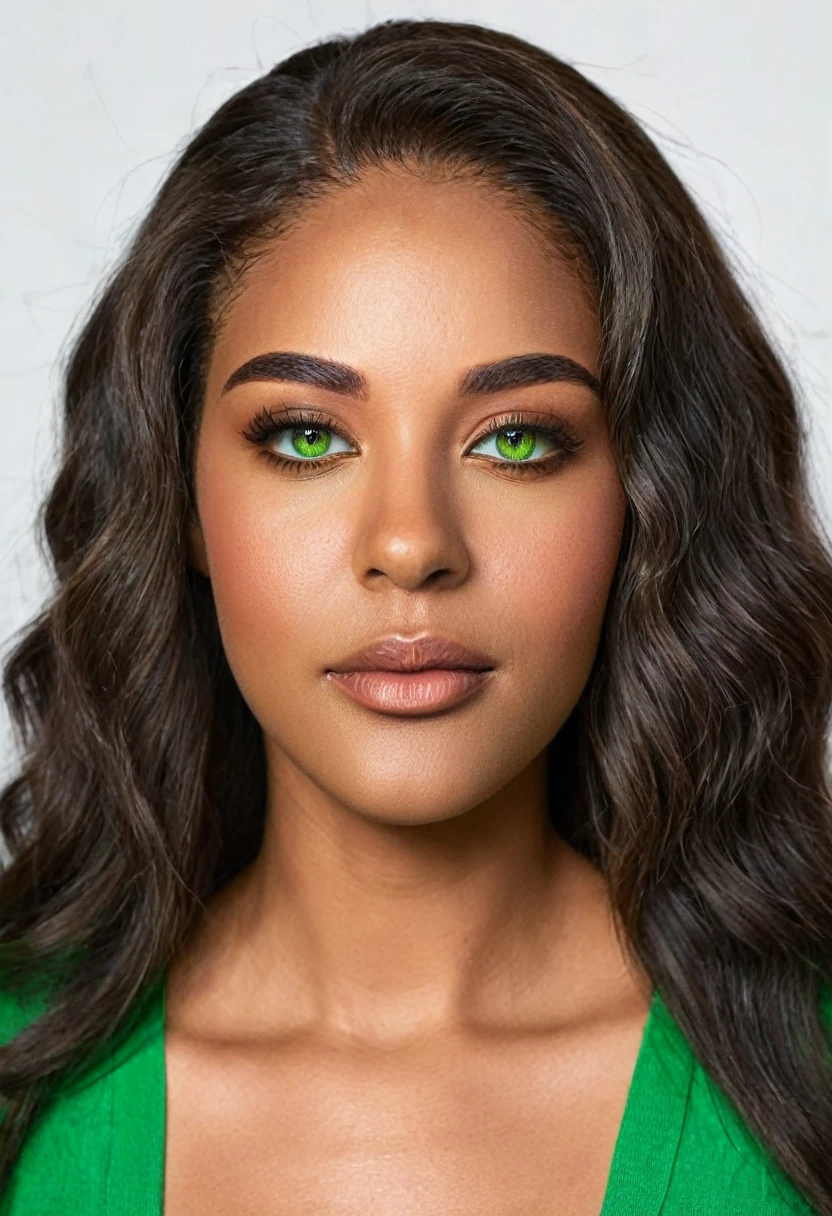 A beautiful woman, beautiful Latin face, young Brazilian Nyvi Estephan, Brazilian supermodel, serene and elegant beauty, Angolan descent, young adult 30 years old, nerdy woman, tall woman, a stunning black woman, with indigenous features, beautiful indigenous girl, native Brazilian, ((An indigenous African girl with European ebony)), ((her beauty is undeniable)), beautiful young ebony girl with dark skin, tanned Mexican, long black hair with brown highlights, black curly hair with brown highlights, black voluminous hair With brown highlights, a vibrant and dynamic cut with soft waves can add a modern and stylish touch. has an exotic beauty with beautiful green eyes, green realistic eyes, bright green eyes, ultra detailed green eyes, ultra realistic green eyes, natural green eyes, ultra detailed iris, perfect eyes, perfect iris, hyper realistic eyes, eyeliner, long eyelashes and defined, penetrating gaze that conveys confidence, striking, powerful expression, strong presence, striking makeup, full, voluminous lips, seductive lips, captivating, striking, unforgettable, dazzling, mischievous smile, wide smile, your features are captivating, subtle smile on your lips , beautiful and detailed face, detailed skin texture, Notice her perfectly shaped eyebrows, which arch gracefully above her eyes, small nose that is proportionate to her face, and soft contour of her face that accentuates her high cheekbones. Beautiful and glowing skin, intricate details, smooth skin, healthy and radiant appearance, Attractive slim woman, Average bust, Average and beautiful breasts, athletic physique, flat stomach, slim waist, huge hips, wide hips, big ass, thick thighs, legs shapely concept art .3D 4k, high resolution, full sharpness photo realistic, breathtaking, Lentille nette, Photographie professionnelle, Objectif 70mm, Unreal Engine 5, wallpaper, colorful, art, (Hdr: 1.5), hyper-detailed, (ArtStation: 1.5) rich color, hyper-realistic, realistic texture, (dramatic lighting), Cinestill
