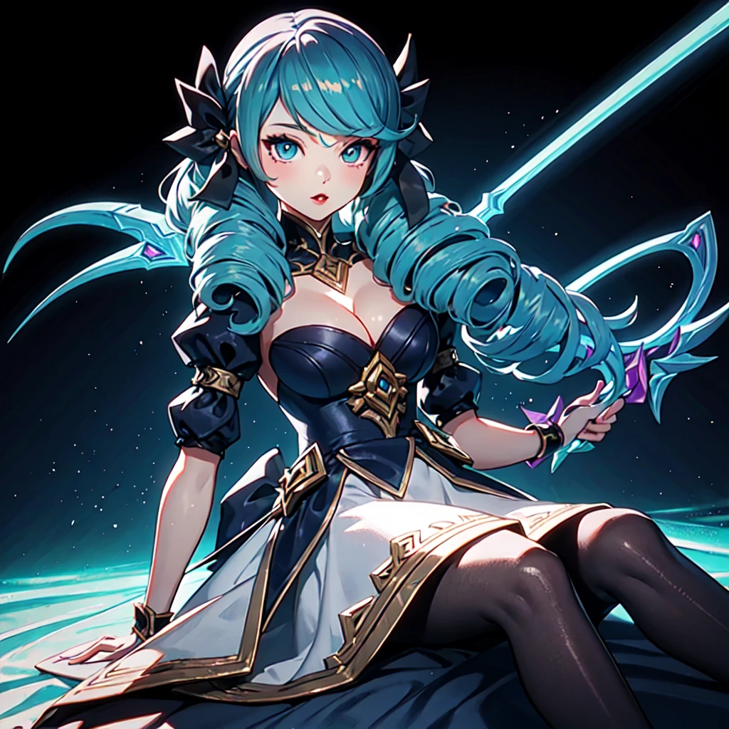 ((best quality)), (Extremely detailed), ((Extremely detailed)), (Fair), ((Kawaii girl)),  ((Ultra HD)), (masterpiece), (high quality), (best quality), (4K), (high quality), （1 girl）, （Random actions），slim, （Transparent fabric），Gwen，League of Legends，Curled up double ponytails，avatar，Showing cleavage