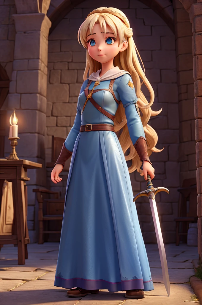 beautiful anime girl,medieval fantasy,girl with sword,european medieval setting,long skirt,middle ages,standing pose,view from below,digital art,cinematic lighting,vibrant colors,highly detailed,photorealistic,masterpiece,8k