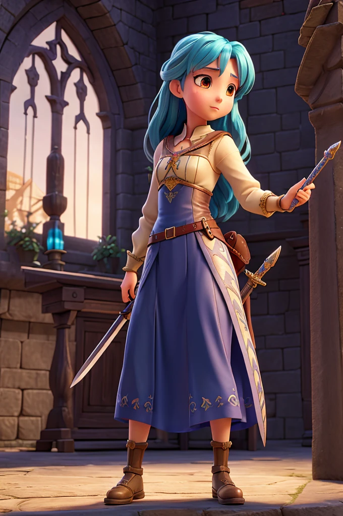 beautiful anime girl,medieval fantasy,girl with sword,european medieval setting,long skirt,middle ages,standing pose,view from below,digital art,cinematic lighting,vibrant colors,highly detailed,photorealistic,masterpiece,8k