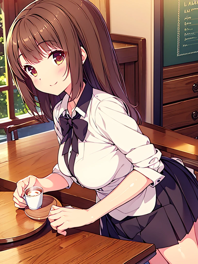 Masterpiece,Best Quality,ultra detail,1 girl,, wood table,Café,bright Eyes,waitress uniform,wide,small breasts,SMILE