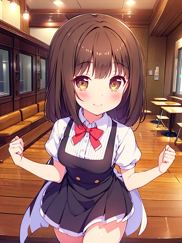 Masterpiece,Best Quality,ultra detail,1 girl,, wood table,Café,bright Eyes,waitress uniform,wide,small breasts,SMILE