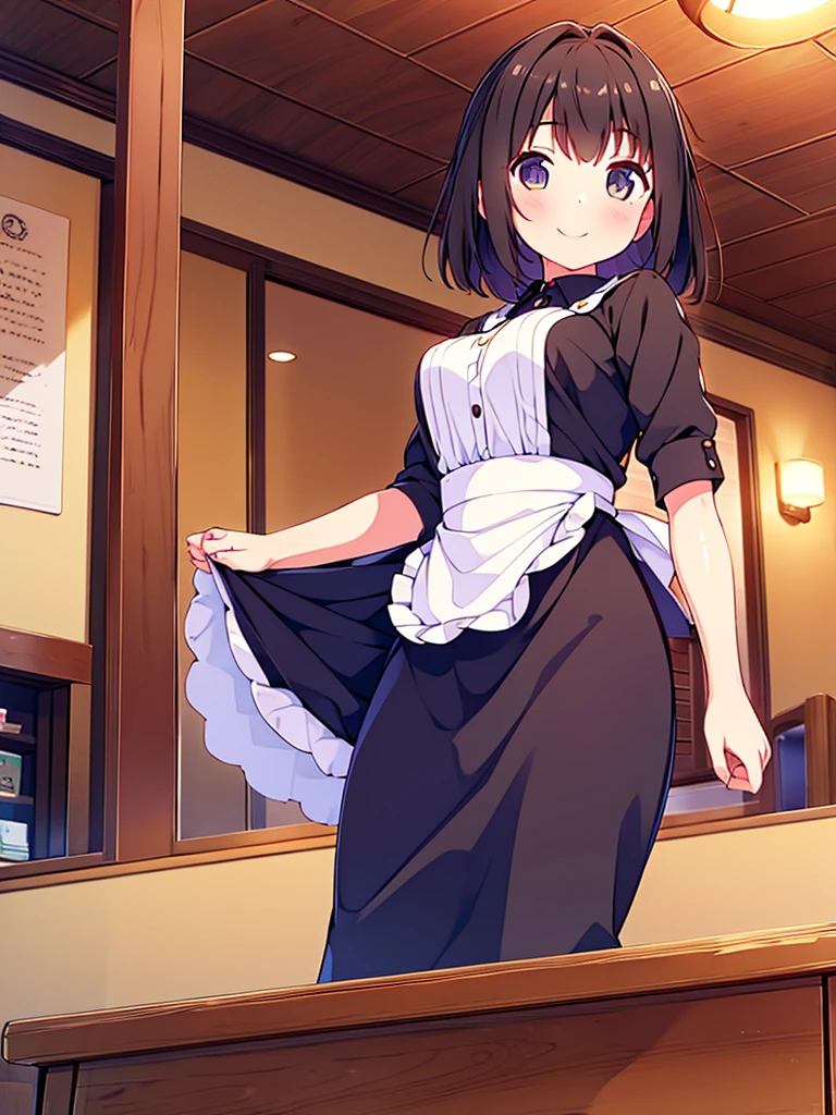 Masterpiece,Best Quality,ultra detail,1 girl,, wood table,Café,bright Eyes,waitress uniform,wide,small breasts,SMILE