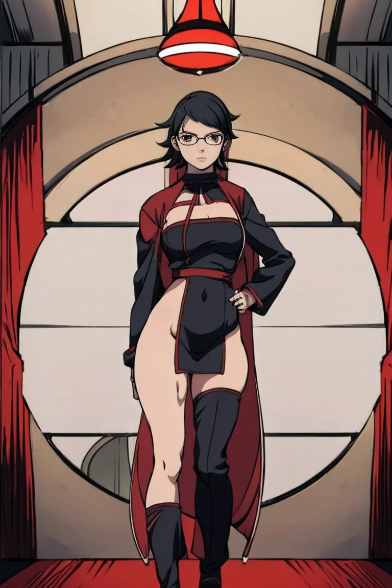 anime girl in a short dress and glasses with a red cape,| artgerm, female protagonist 👀 :8, realistic anime 3 d style, anime styled 3d, realistic anime artstyle((showing naked long belly in the costume))(((height 192 cm tall body bib body)))