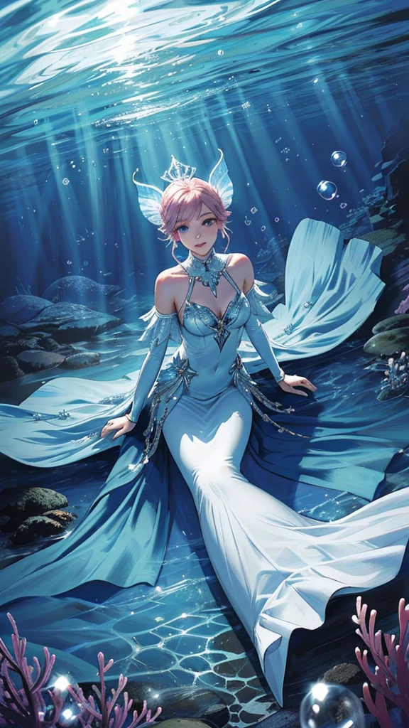 A mermaid sits on the ocean floor, surrounded by bubbles. The light from above illuminates her tail.