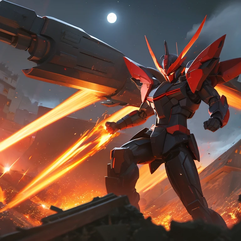 Masterpiece, best quality, high quality, Black Mecha, Black bow on his hand, red arrow on the bow, sunny day, Background is City on fire, Night, stars on the sky, Full Moon