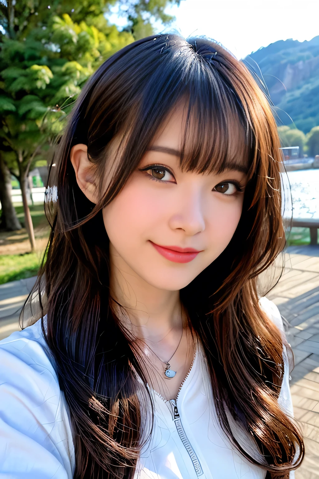 seed;88117315,((Full Body Angle))、Front hair:1.3))、((Highest quality, 8K, masterpiece: 1.3)), concentrated: 1.2, Cute girl 1,Nipples erect、 Perfect beauty: 1.4,Cut and sewn T-shirt Raglan sleeve summer short sleeve T-shirt.Shorts: 1.2,Long sleeve、Randall Color、comics&Text Graphics、Black ruffle-trimmed drawstring zip blouse,1.1, Highly detailed face and skin textures, Fine grain, double eyelid, whitening skin, ,Highest quality,Ultra-high resolution,you,1 girl,alone,_Shiny_skin,Iris,necklace,((brown_length_Wavy_hair)),(lips)),eyelash,Front hair,deal with,compensate,Shiny,pore,skin,Large Breasts、((smiling face))、Riverside Walk、walk、