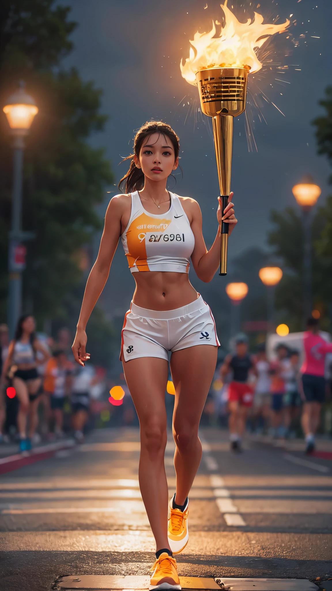 4k, best quality, realistic, detailed,A beautiful torchbearer wearing a running shirt with the Olympic symbol on her chest and shorts jogs down a public road, carrying a lit Olympic torch. Her running shirt is wet with sweat, and her erect nipples are clearly visible. Huge saggy breasts. Slim body with firm abs. A large number of spectators on the road look on with lovestruck looks.