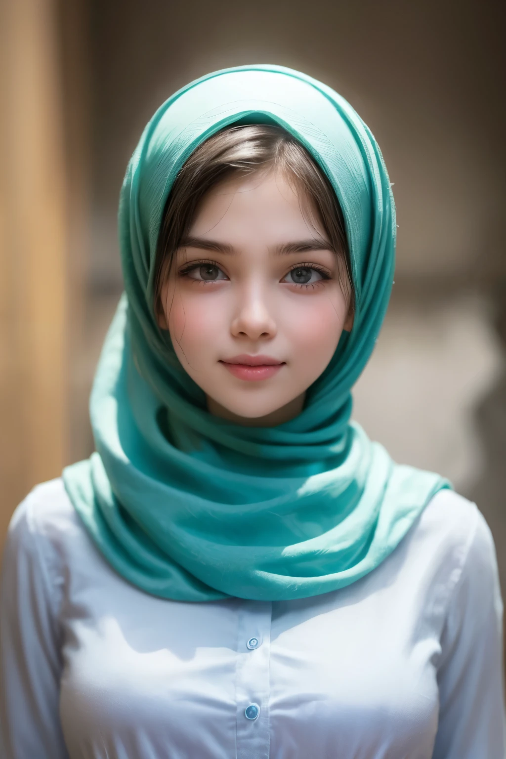 adorable, 1 girl, (face to face), , baby face, hf body portrait, (face details: 1), (eye details: 1), ((big breasts)). wearing white long shirt, hijab, .. Cute posed. proportional body. Ultra High Res. realistic: 1.4, UHD
