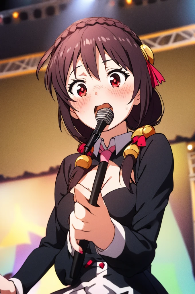 (masterpiece, Highest quality), One girl, Yunyun,Long Hair,Braiding,Twin tails,Hair between the eyes,Red hair ribbon,hair ornaments,large round breasts,、Pink Skirt、Black Hair、Crown Blade,Black Shirt, Long sleeve,Pink tie, belt, Cleavage cutout、Above the knee、(blush:1.ung face、A lively face、(Singing with microphone on stage:1.2)
