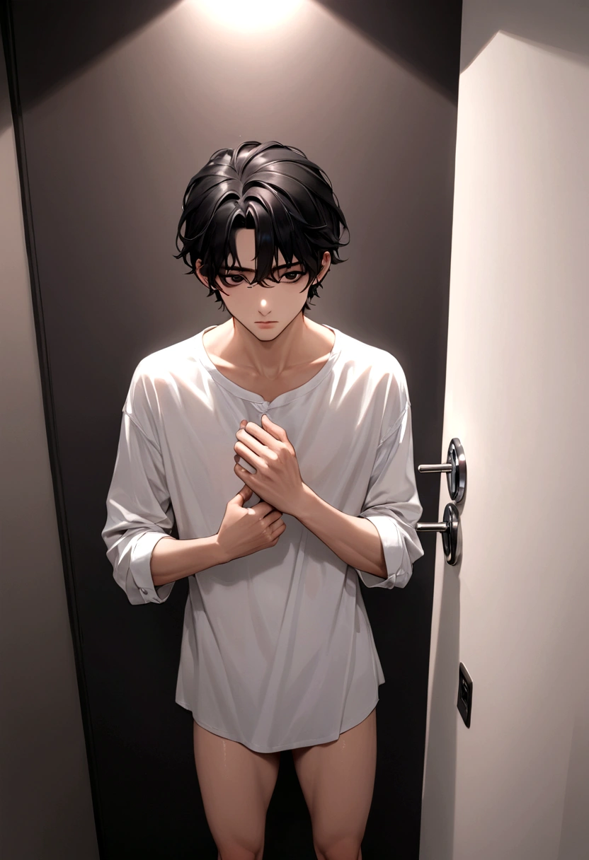 Cool guy、White shirt、Black Hair、Dark Eyes、nsfw、masturbation、Are standing