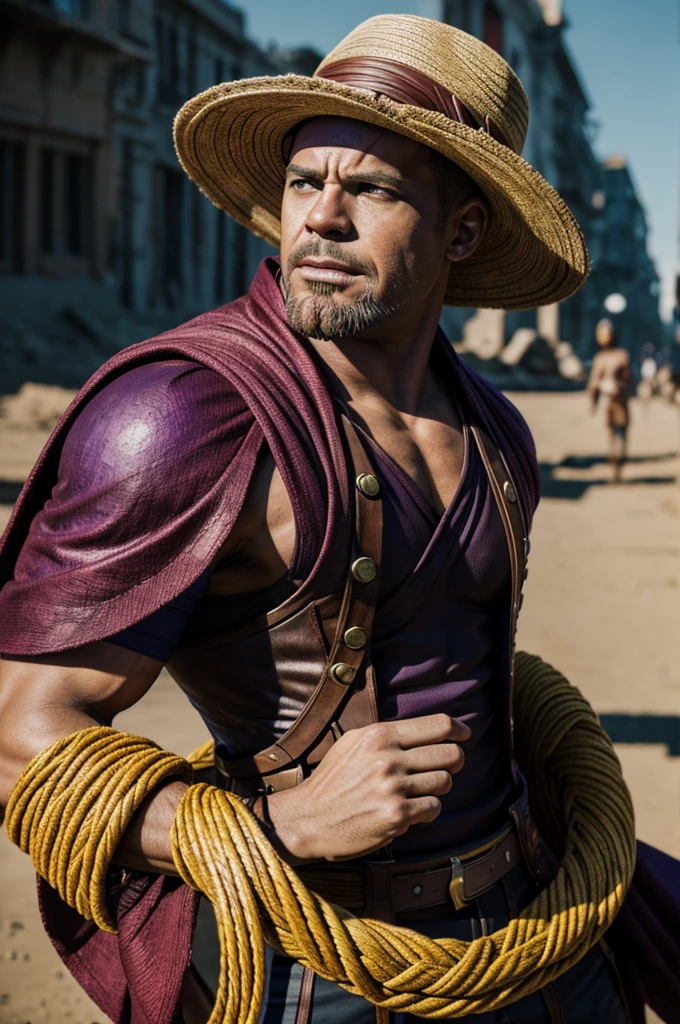photography of a marvel thanos wraring one piece lyffy's hat