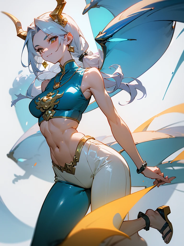 (masterpiece, best quality:1.2), 1girl, solo, stand confidently, smiling mischievously.
long silver hair tied back, sharp golden eyes, pale skin, C-cup breasts, tall, muscular hourglass figure, beautiful six-pack, two beautiful simple golden dragon horns on the head, another set of short golden dragon horns under the ears, sharp golden dragon claws, dragon tail resemble light blue steel, dragon wings resemble light blue steel, blue pear earrings, light blue gemstone necklace with golden dragon phoenix pendant, white sleeveless crop top, ivory trousers, dark blue leather belt, dark blue platform sandals.