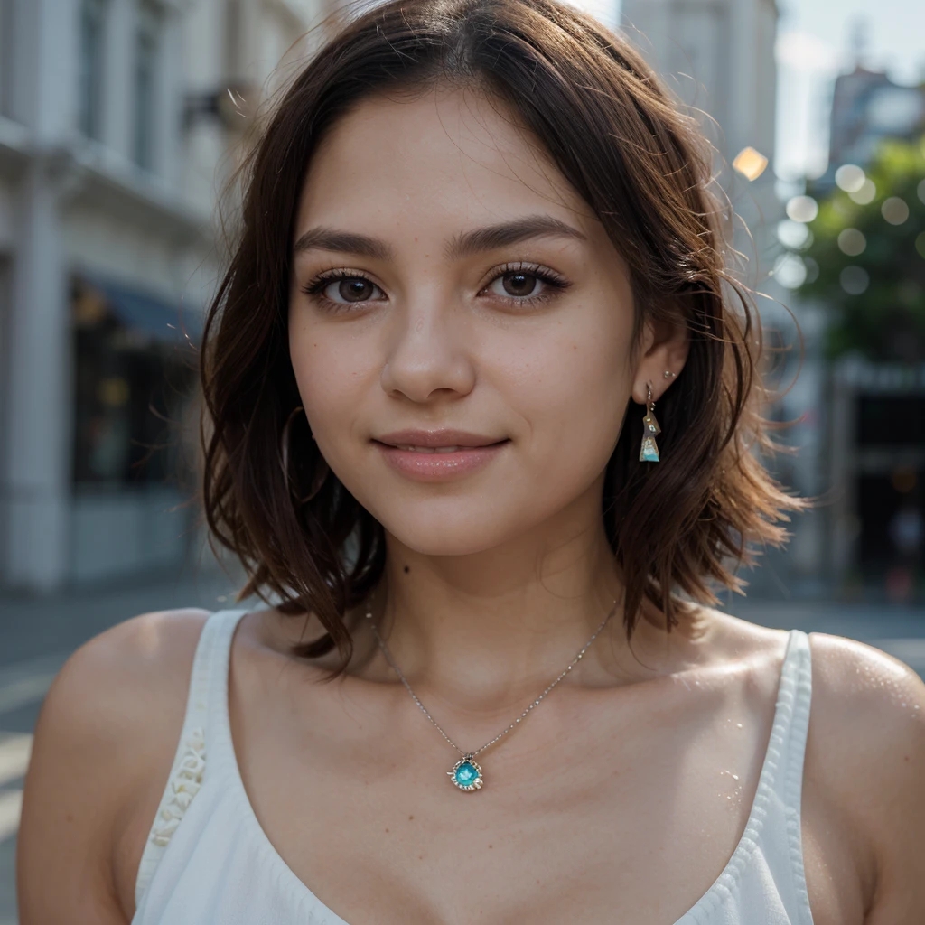 masterpiece, highest quality,Tomochika、 Dannoura、Medium Hair、smile、Awareness-raising, Cowboy Shot, Platinum Earrings, Platinum Necklace, White Dress, 1 girl, cute, (Dynamic Lighting:1.15), Cinema Lighting, Delicate features, Detailed eyes, Sharp pupils, Realistic student, Depth of written border, Bokeh, Sharp focus, (Very detailed, bloom, Shine:1.5), Lots of little gems、